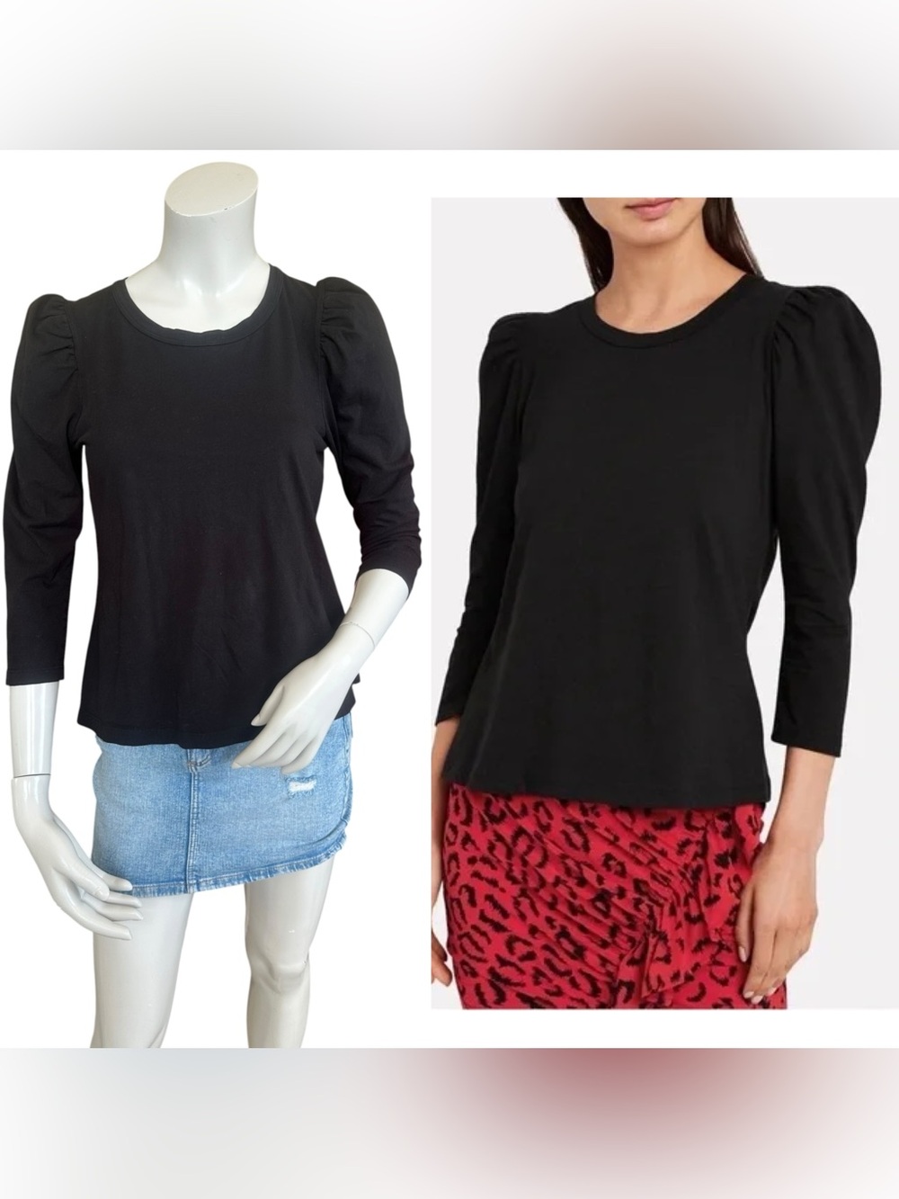 A.L.C. Karlie 100% Cotton Black 3/4 Puff Sleeve Tee Shirt Size Small